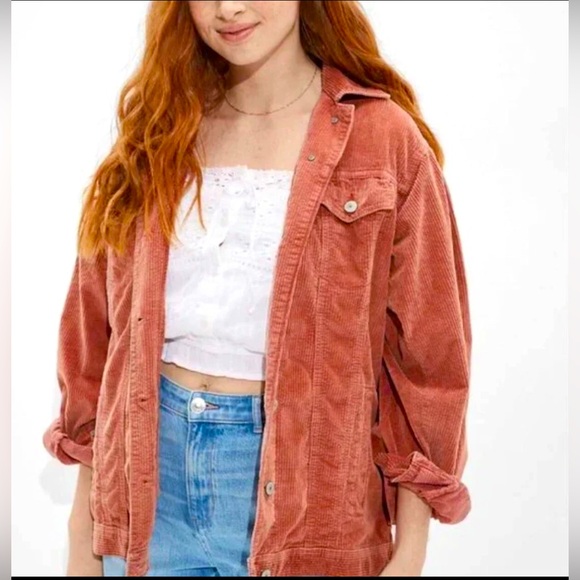 American Eagle Corduroy Oversized Coat Mauve Dusty Rose Women's L Slouchy Jacket - Picture 1 of 11